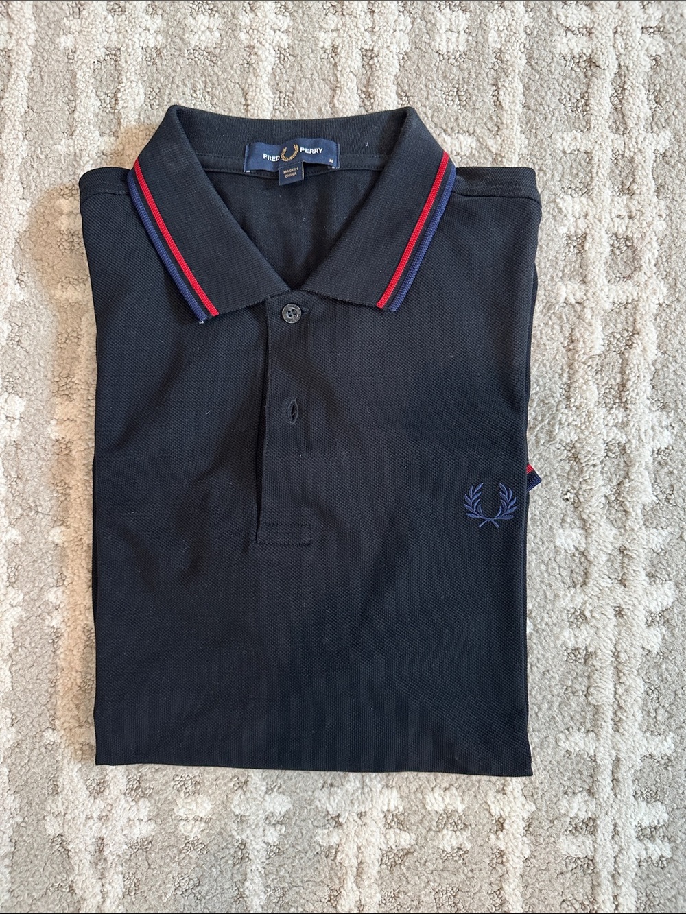Fred Perry Black Polo with Red & Navy Stripe Collar